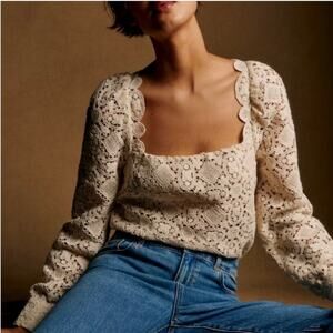 Sezane Alvere Blouse Ecru Cream Ivory Crochet Long Sleeve Square Neck Size 38
